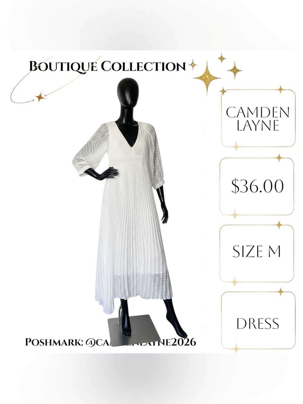 V-Neck White Pleated Maxi Dress with Sheer Long Sleeves - Picture 6 of 10